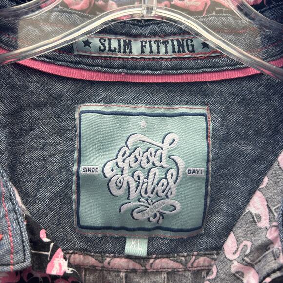 good vibes by drill slim fitting pink flamingo short sleeve button up - Picture 2 of 7